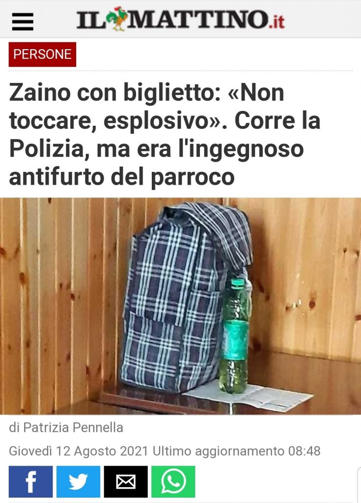 Zaino con biglietto: "Non toccare, esplosivo". Corre la polizia, ma era l'ingegnoso antifurto del parroco