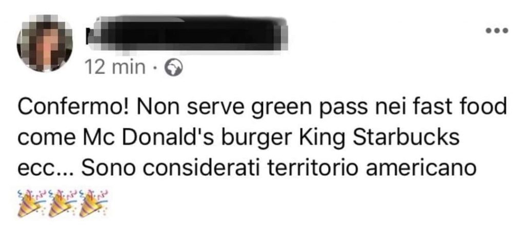 Confermo! Non serve il green pass nei fast food come Mc Donald's burger King Starbucks ecc... Sono considerati territorio americano