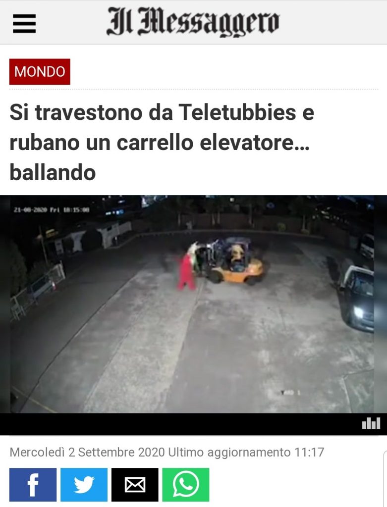 Si travestono da Teletubbies e rubano un carrello elevatore... ballando