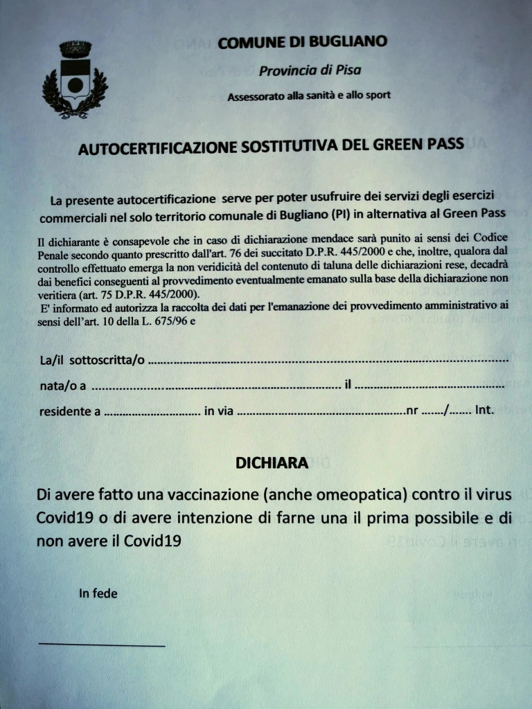 La nostra illuminata amministrazione è vicina ai bisogni dei cittadini e a quelli dei turisti che vengono da noi ogni anno. Ecco perché il nostro sindaco Fabio Buggiani ha deciso di consentire a chiunque di venire a Bugliano, anche se non in possesso del Green Pass