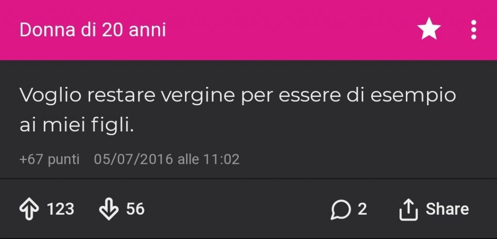 Donna di 20 anni, vergine per esser di esempio ai suoi figli