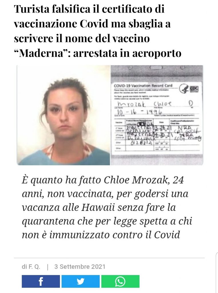 Falsifica il certificato Covid ma sbaglia a scrivere il nome del vaccino