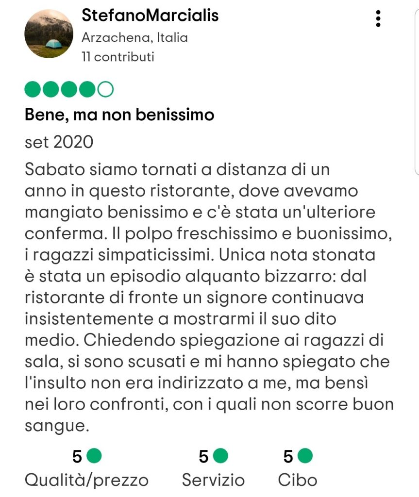 Sabato siamo tornati a distanza di un anno in questo ristorante, dove avevamo mangiato benissimo e c'è stata un'ulteriore conferma. Il polpo freschissimo e buonissimo, i ragazzi simpaticissimi. Unica nota stonata è stata un episodio alquanto bizzarro: dal ristorante di fronte un signore continuava insistentemente a mostrarmi il suo dito medio. Chiedendo spiegazione ai ragazzi di sala, si sono scusati e mi hanno spiegato che l'insulto non era indirizzato a me, ma bensì nei loro confronti, con i quali non scorre buon sangue.