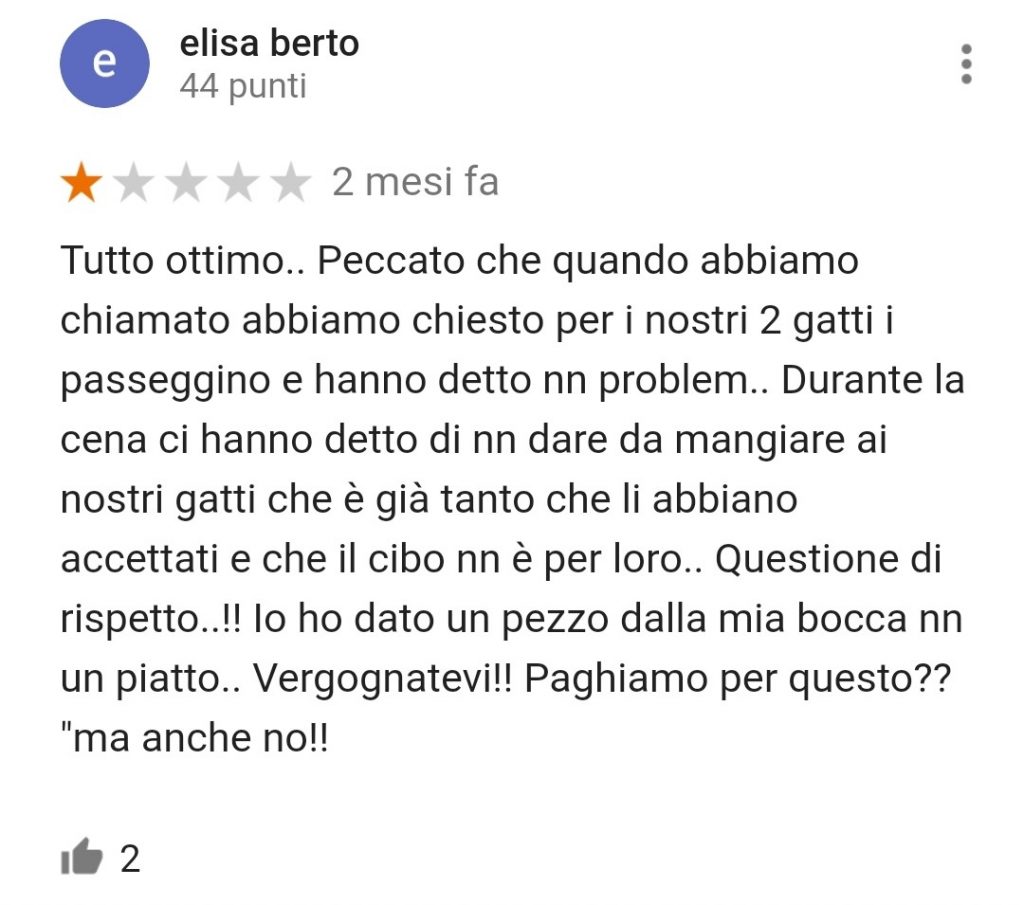 Tutto ottimo.. Peccato che quando abbiamo chiamato abbiamo chiesto per i nostri 2 gatti i passeggino e hanno detto nn problem.. Durante la cena ci hanno detto di nn dare da mangiare ai nostri gatti che è già tanto che li abbiano accettati e che il cibo nn è per loro.. Questione di rispetto..!! Io ho dato un pezzo dalla mia bocca nn un piatto.. Vergognatevi!! Paghiamo per questo?? "ma anche no!!