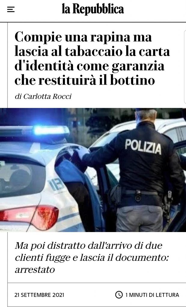 Compie una rapina ma lascia al tabaccaio la carta d'identità come garanzia che restituirà il bottino