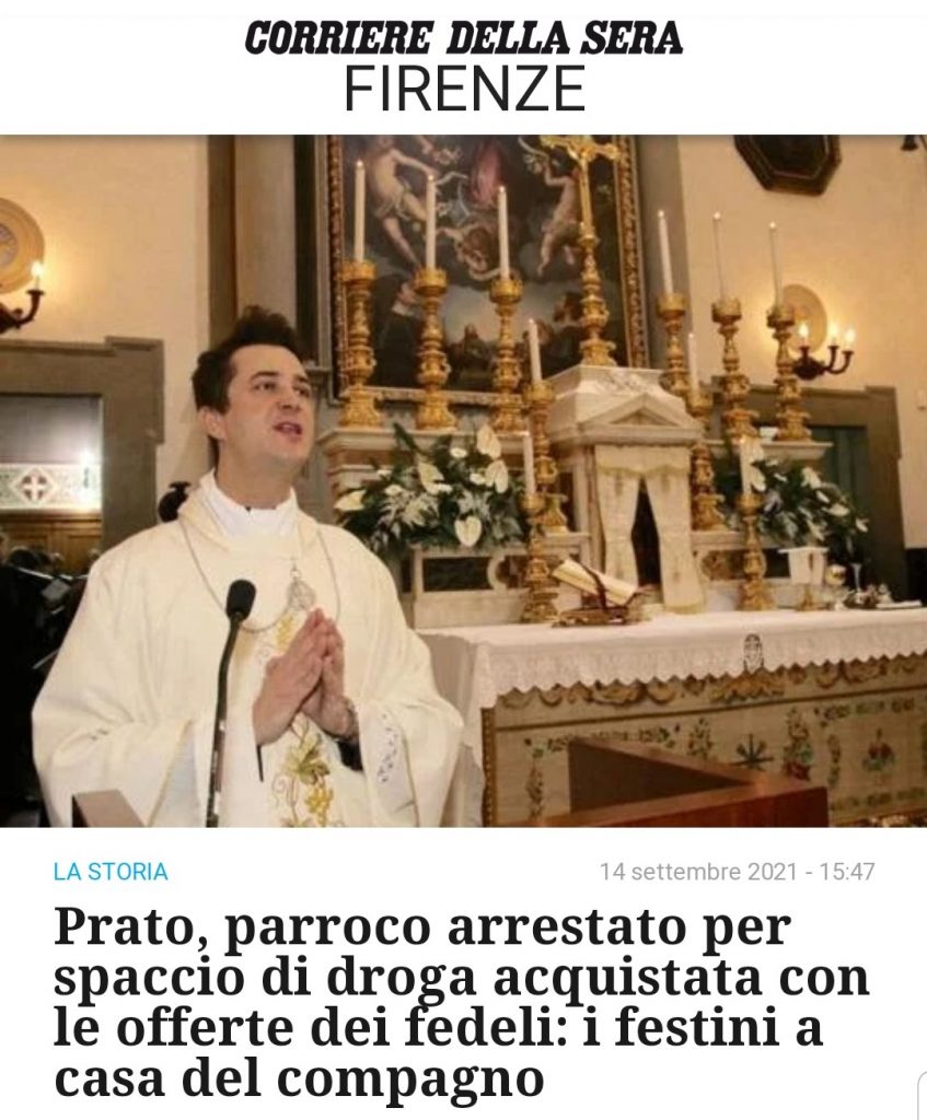 Don Francesco Spagnesi, che da pochi giorni ha lasciato gli incarichi di parroco della parrocchia dell’Annunciazione nel quartiere pratese della Castellina, è finito in manette nell’ambito di una clamorosa indagine su festini a base di cocaina e di Gbl, la cosiddetta «droga dello stupro».