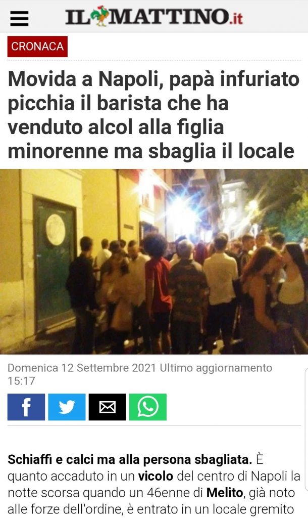 Movida a Napoli, papà infuriato picchia il barista che ha venduto alcol alla figlia minorenne ma sbaglia il locale