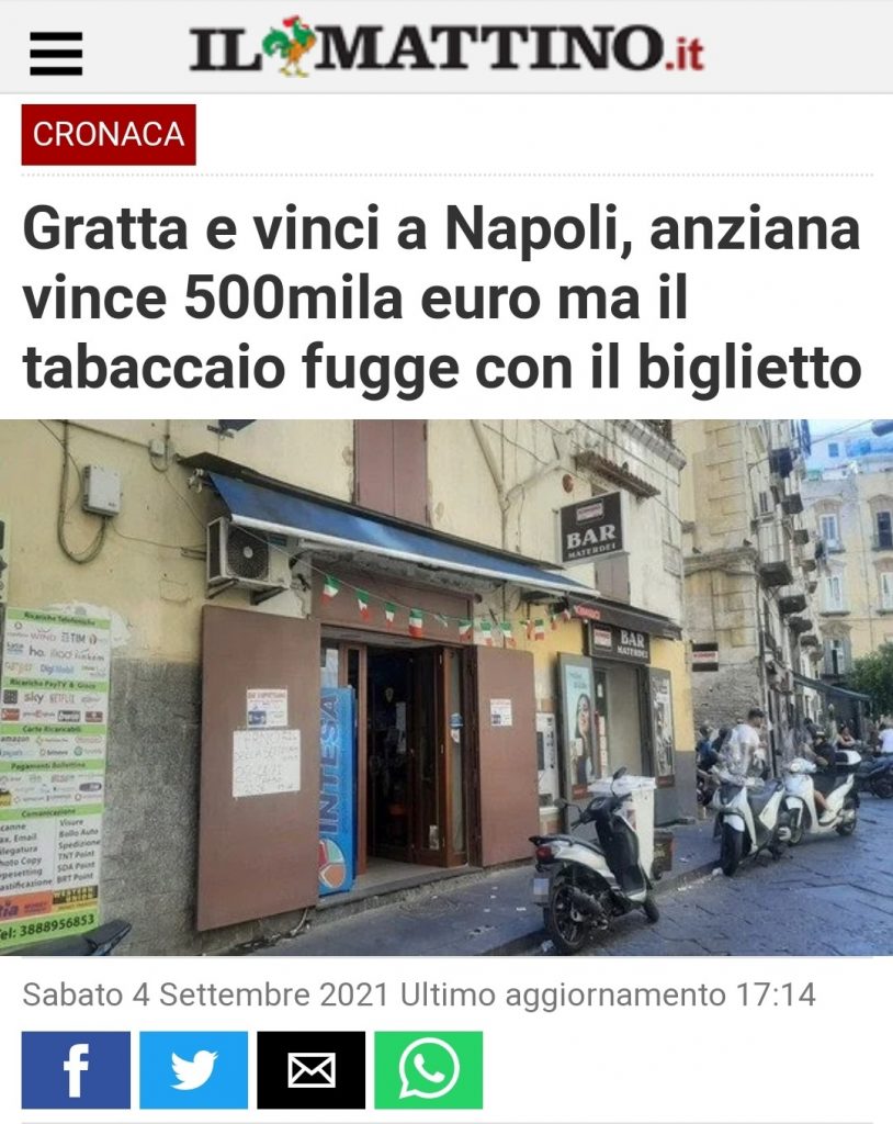 Gratta e vinci a napoli, anziana vince 500mila euro ma il tabaccaio fugge con il biglietto