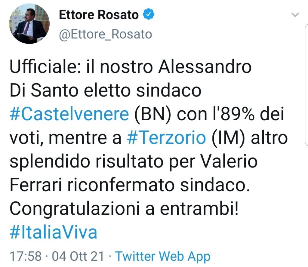 Ettore è un grande, un grandissimo. Il candidato sindaco di "Italia Viva al 2%" Alessandro Di Santo stravince le amministrative appena celebrate nel comune di Castelvenere (BN), con un lussurioso 89%. Altresì nel comune di Terzorio (IM) altro eclatante risultanto per il sindaco uscente (ed unico candidato) Valerio Ferrari, che viene così riconfermato.