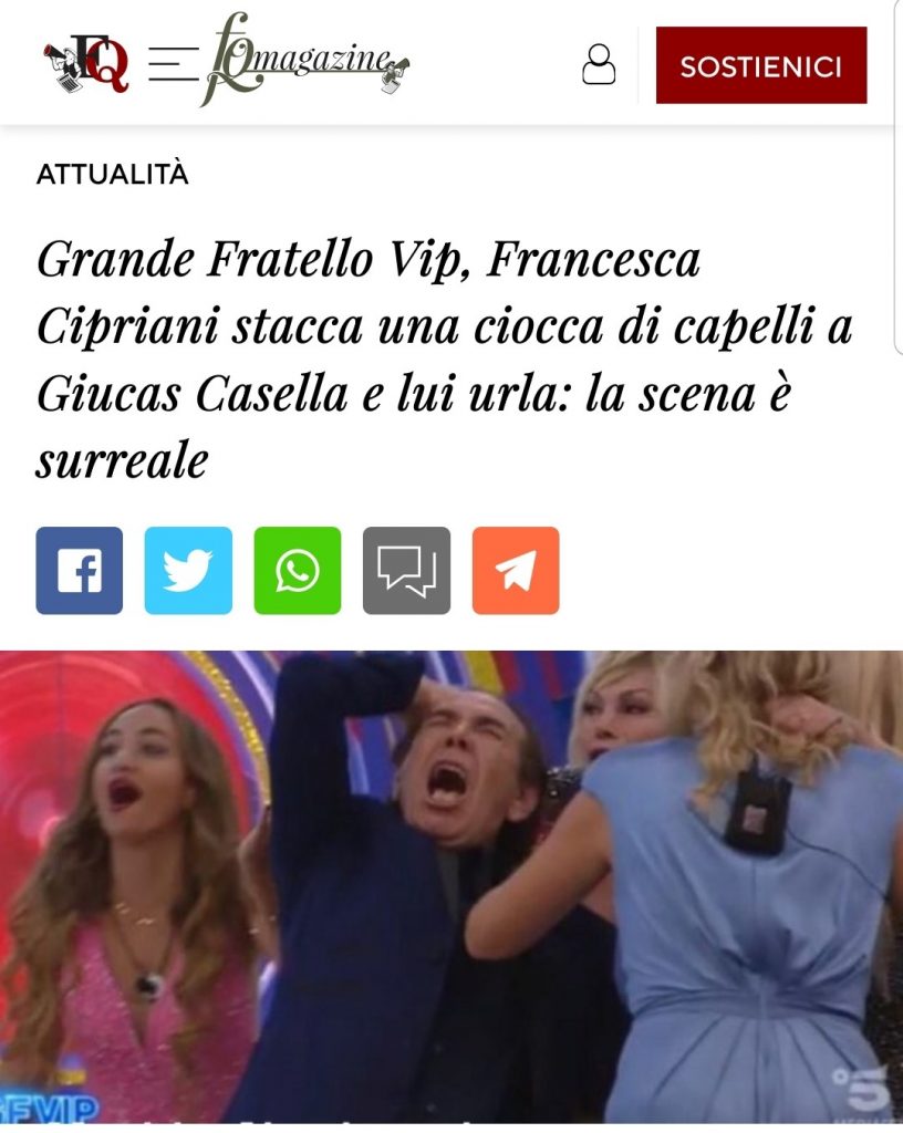 Tutto è iniziato con l’ennesimo incontro tra Francesca Cipriani e il fidanzato Alessandro. Separati da un vetro, la showgirl si è lasciata andare ai soliti gesti esasperati quando è arrivato il momento di salutarlo, tanto che Alfonso Signorini, “a una certa”, ha tuonato: “Portatela via”. Cipriani è quindi rientrata nella casa urlando mentre alcuni coinquilini si sono alzati per abbracciarla. Tra loro Giucas Casella che ha cominciato a urlare a sua volta come un ossesso perché Cipriani gli ha tirato i capelli. Lui: “Francesca che c’entro io”. È intervenuto Signorini e Casella ha spiegato che la showgirl gli ha strappato una ciocca di capelli.