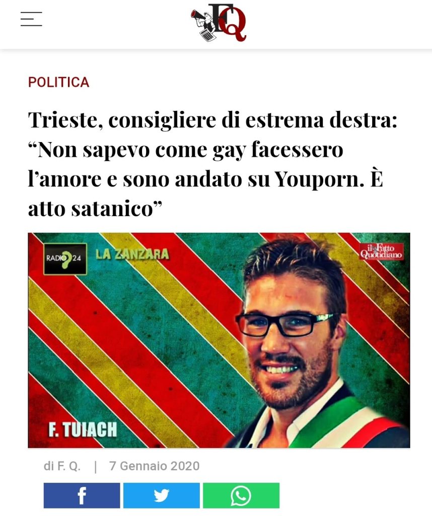 Trieste, consigliere di estrema destra: “Non sapevo come gay facessero l’amore e sono andato su Youporn. È atto satanico”