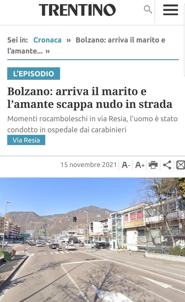 Bolzano: arriva il marito e l’amante scappa nudo in strada