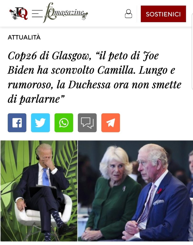 Cop26 di Glasgow, “il peto di Joe Biden ha sconvolto Camilla. Lungo e rumoroso, la Duchessa ora non smette di parlarne”