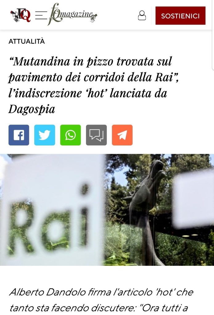 “Mutandina in pizzo trovata sul pavimento dei corridoi della Rai”, l’indiscrezione ‘hot’ lanciata da Dagospia