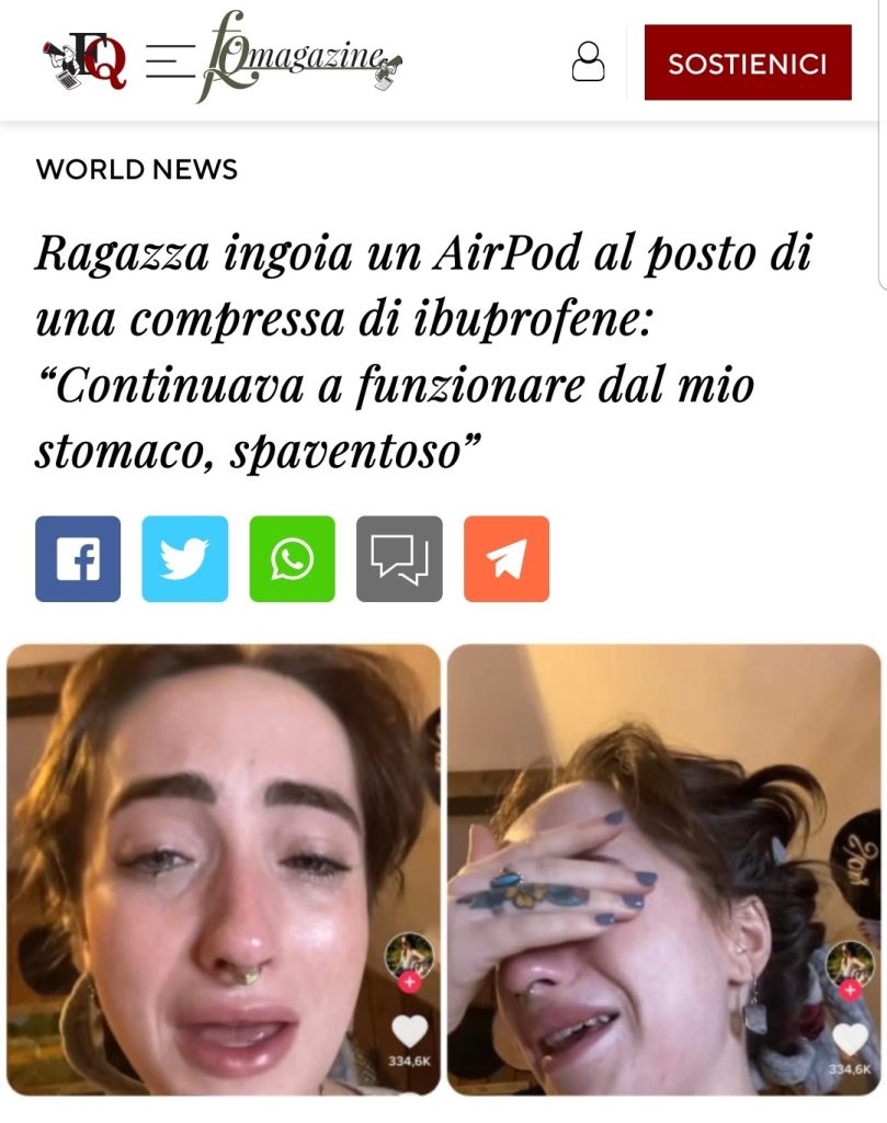 Ragazza ingoia un AirPod al posto di una compressa di ibuprofene: “Continuava a funzionare dal mio stomaco, spaventoso”