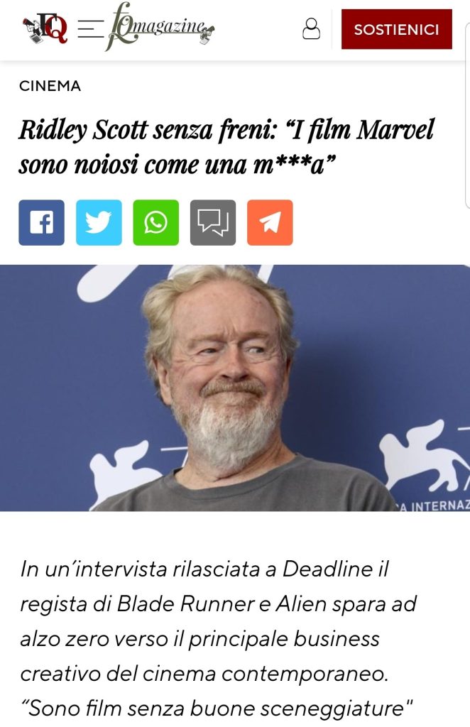 Ridley Scott: “I film Marvel sono noiosi come una merda”