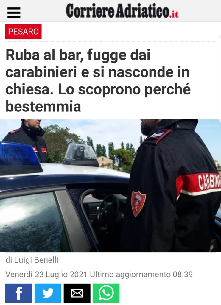 Ruba al bar, fugge dai carabinieri e si nasconde in chiesa. Lo scoprono perché bestemmia