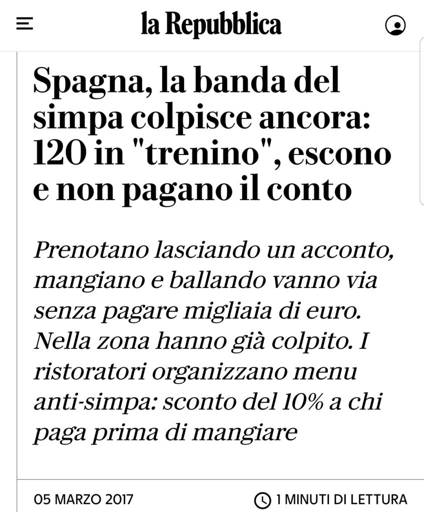 Spagna, la banda del simpa colpisce ancora: 120 in "trenino", escono e non pagano il conto