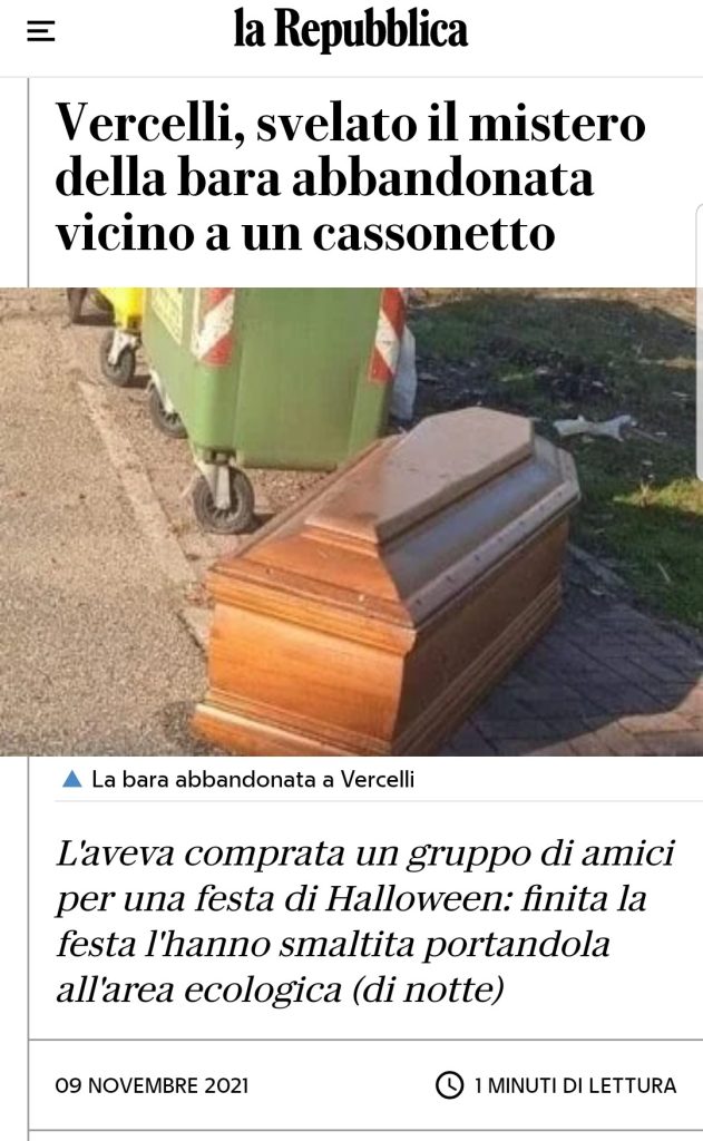 Vercelli, svelato il mistero della bara abbandonata vicino a un cassonetto