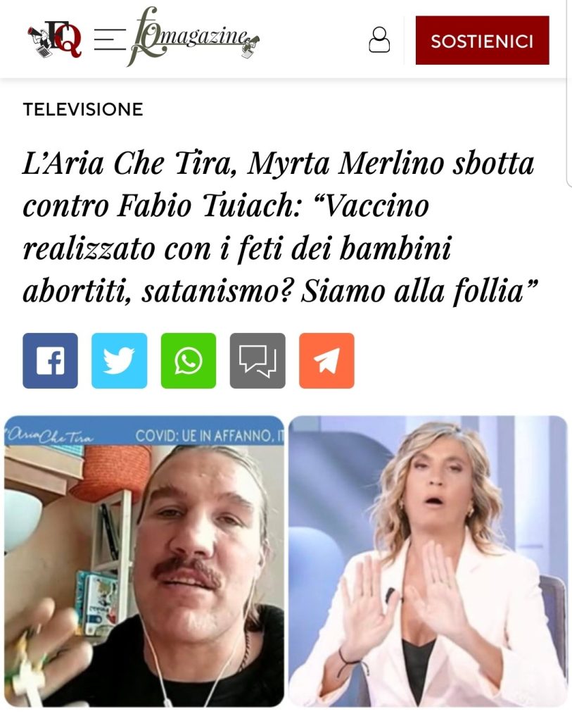 L’Aria Che Tira, Myrta Merlino sbotta contro Fabio Tuiach: “Vaccino realizzato con i feti dei bambini abortiti, satanismo? Siamo alla follia”