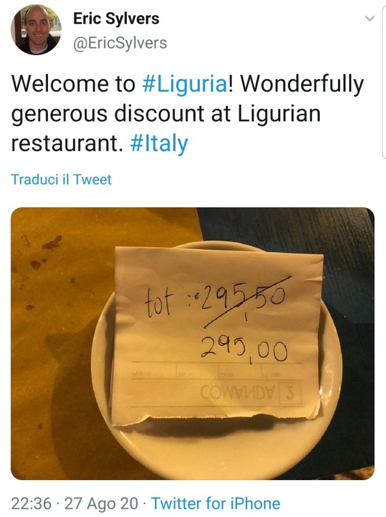 Generous discount al Ligurian restaurant