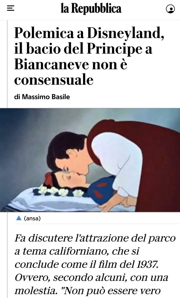 Bacio senza consenso del principe azzurro a Biancaneve: bufera sulla Disney per la scena