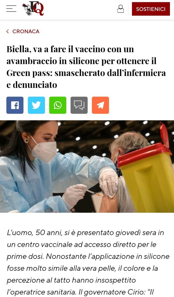 Biella, va a fare il vaccino con un avambraccio in silicone per ottenere il Green pass, smascherato dall’infermiera e denunciato