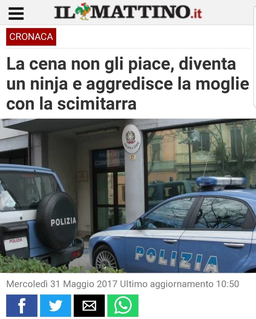 La cena non gli piace, diventa un ninja e aggredisce la moglie con la scimitarra