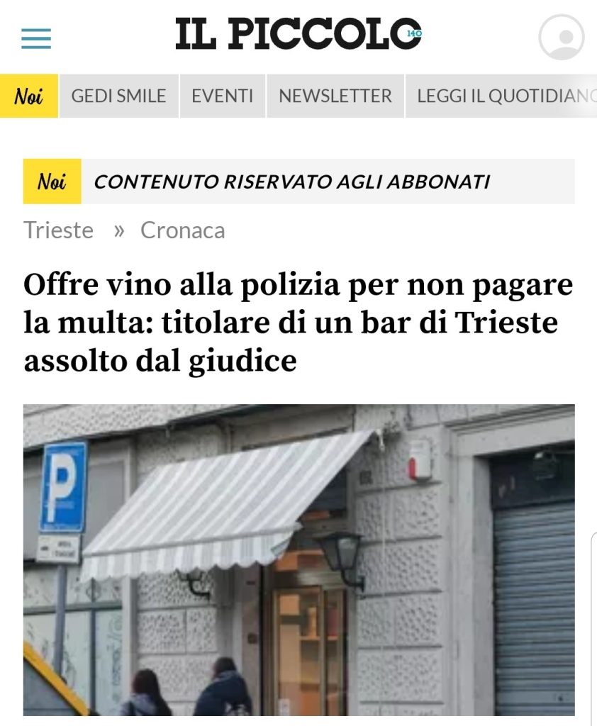 Offre vino alla polizia per non pagare la multa: titolare di un bar di Trieste assolto dal giudice