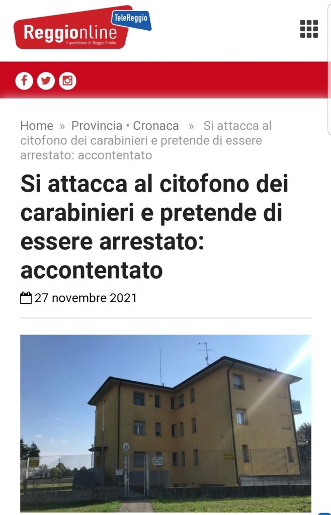 Si attacca al citofono dei carabinieri e pretende di essere arrestato: accontentato