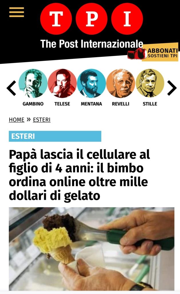 Papà lascia il cellulare al figlio di 4 anni: il bimbo ordina online oltre mille dollari di gelato