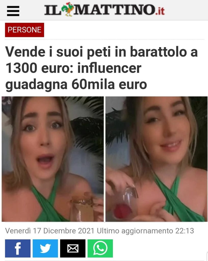 Vende i suoi peti in barattolo a 1300 euro: influencer guadagna 60mila euro