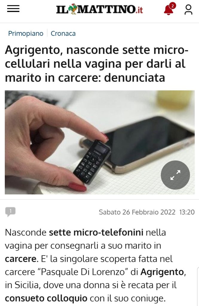 Agrigento: nasconde 7 micro-cellulari nella vagina per darli al marito in carcere