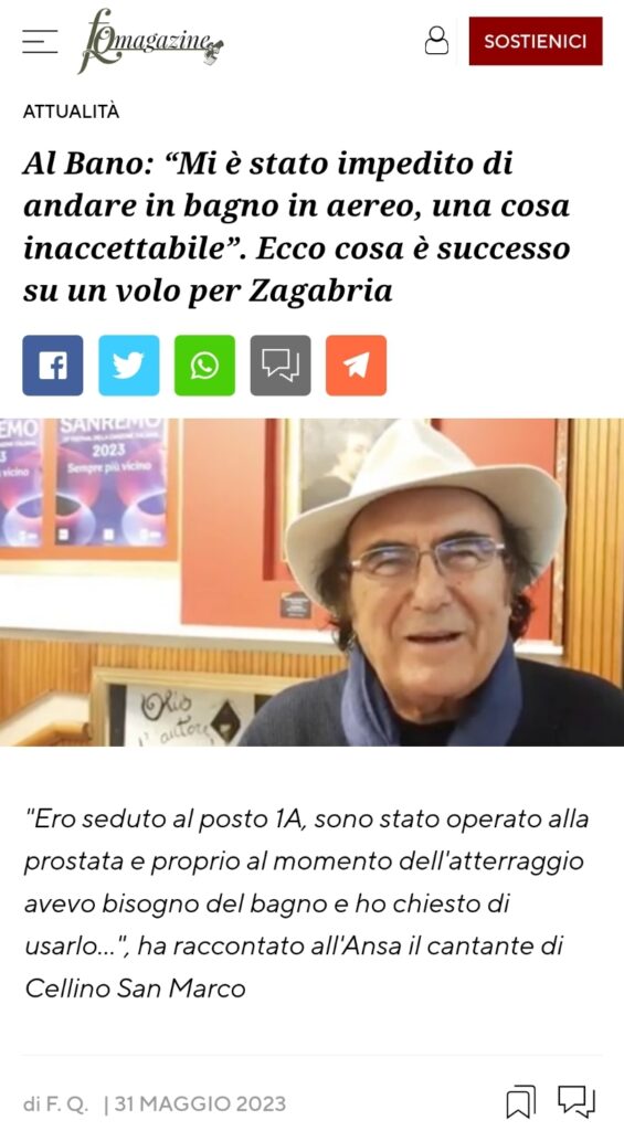 Al Bano “Mi è stato impedito di andare in bagno in aereo, una cosa inaccettabile”. Ecco cosa è successo su un volo per Zagabria