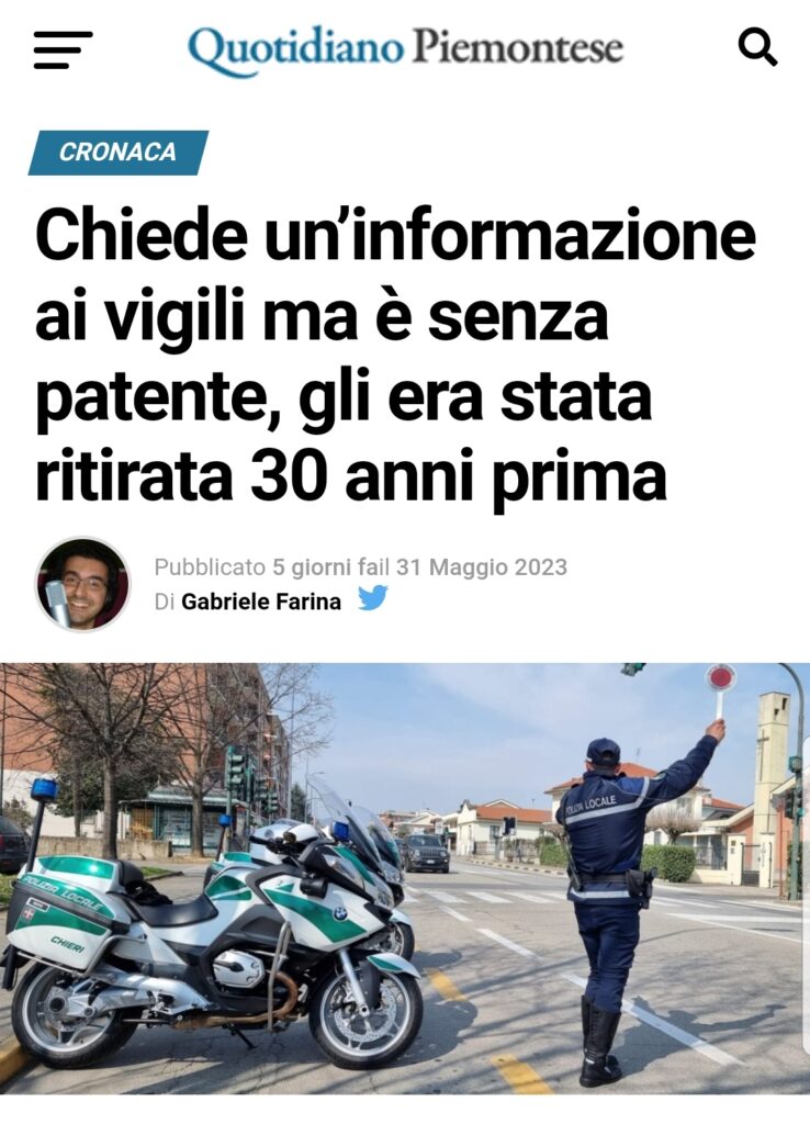 Chiede un’informazione ai vigili ma è senza patente, gli era stata ritirata 30 anni prima